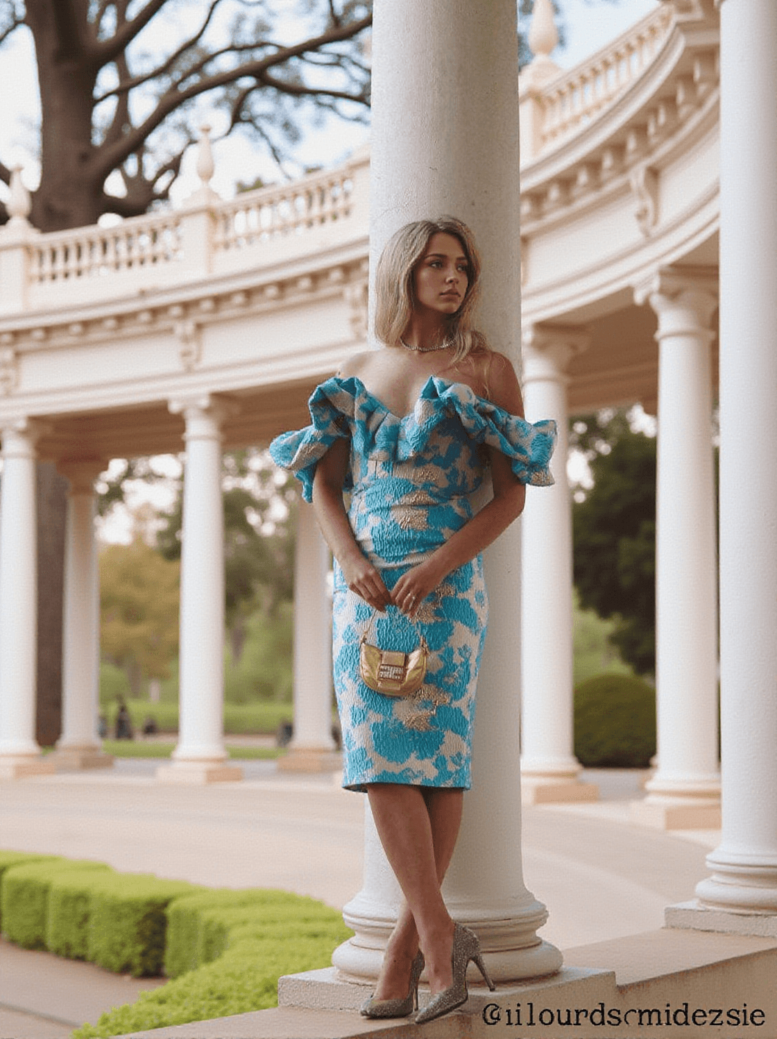 ABITO MIDI GISELLE JACQUARD CON SPALLE SCOPERTE IN BLU