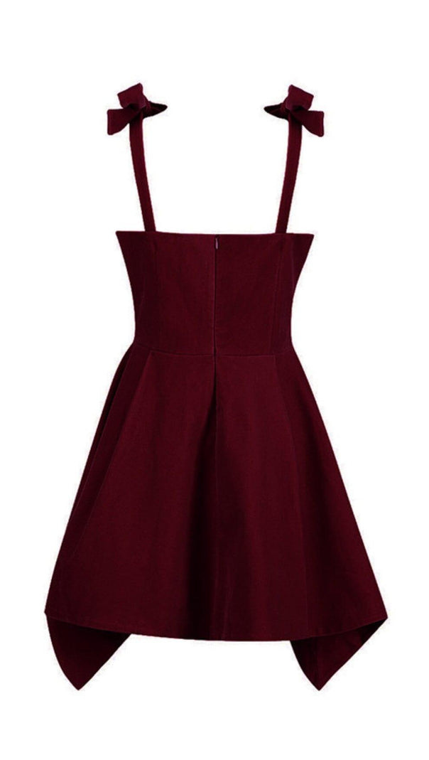 AIIZIE BOW SHOULDER STRAP VELVET SUSPENDER DRESS IN BURGUNDY - product image