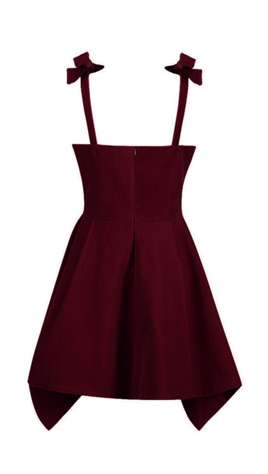 BOW SHOULDER STRAP VELVET SUSPENDER DRESS IN BURGUNDY