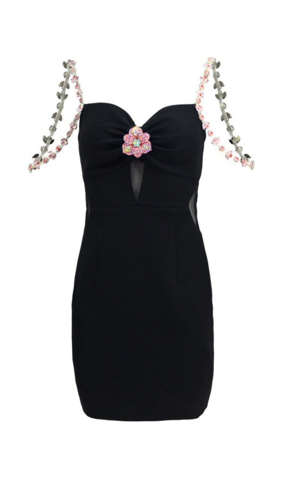MINI ABITO SENZA MANICHE CON BRETELLE E FIORI DIAMANTI IN NERO