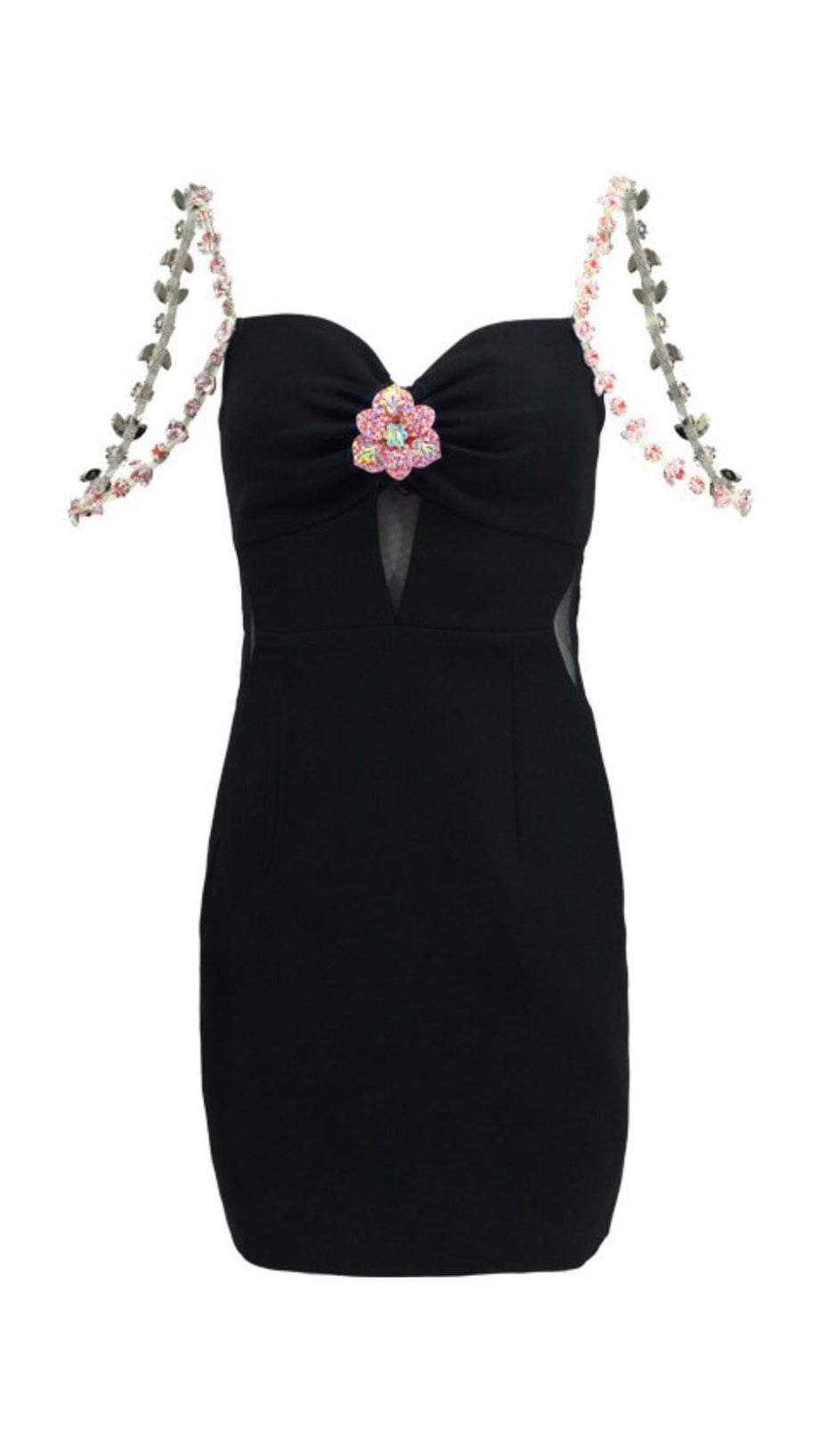 DIAMOND FLOWER SLEEVELESS SUSPENDER MINI DRESS IN BLACK