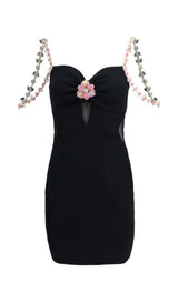 DIAMOND FLOWER SLEEVELESS SUSPENDER MINI DRESS IN BLACK