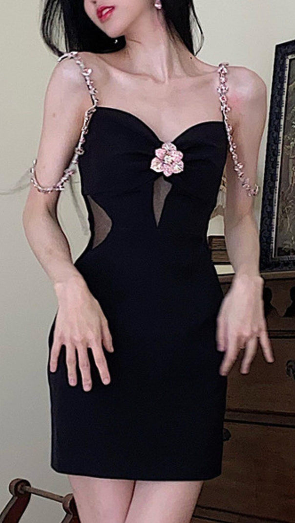 AIIZIE DIAMOND FLOWER SLEEVELESS SUSPENDER MINI DRESS IN BLACK - product image