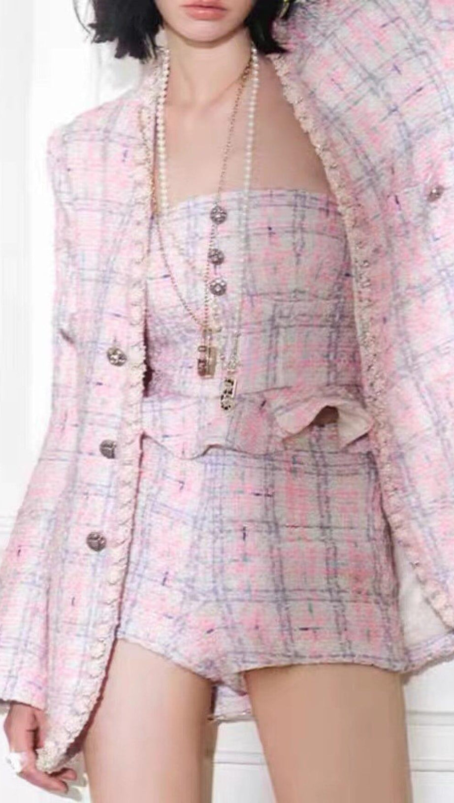PINK WOVEN JACKET AND SUSPENDER SHORTS THREE-PIECE SET