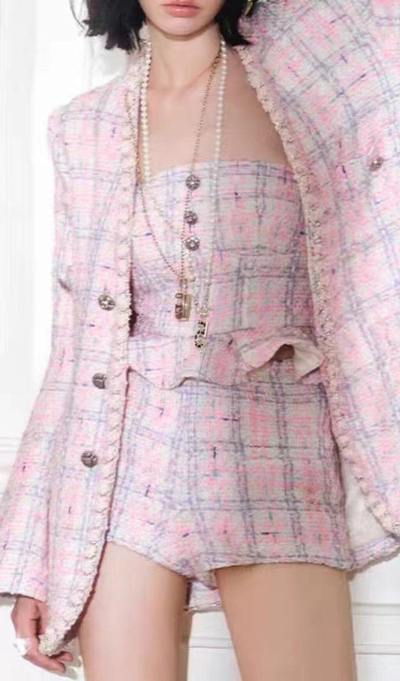 PINK WOVEN JACKET AND SUSPENDER SHORTS THREE-PIECE SET