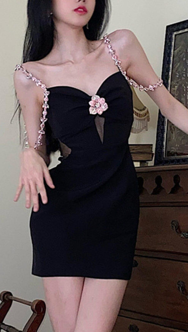 AIIZIE DIAMOND FLOWER SLEEVELESS SUSPENDER MINI DRESS IN BLACK - product image