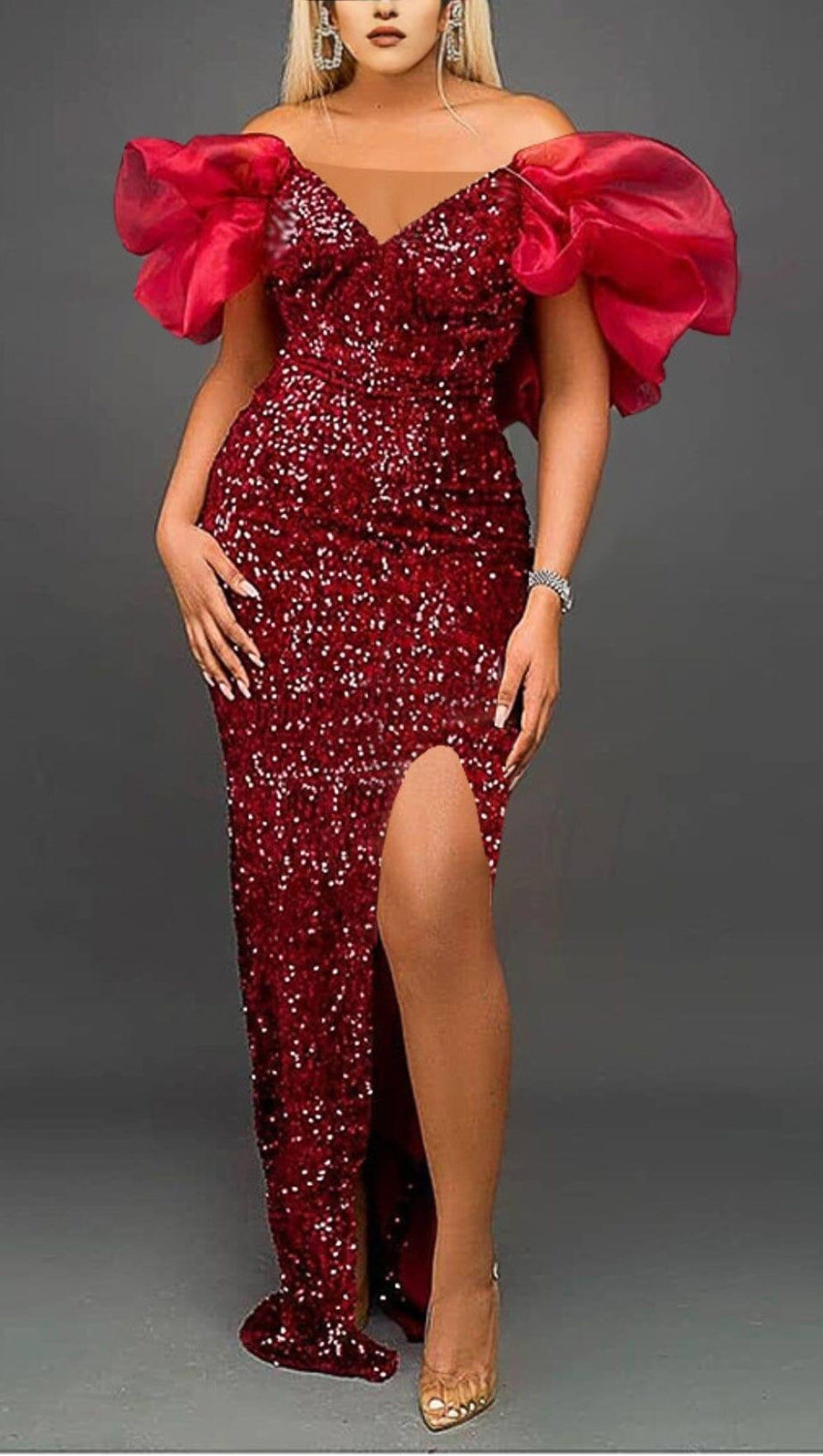 EXAGGERATED SLEEVES SLIM SEQUIN MAXI DRESS IN RED