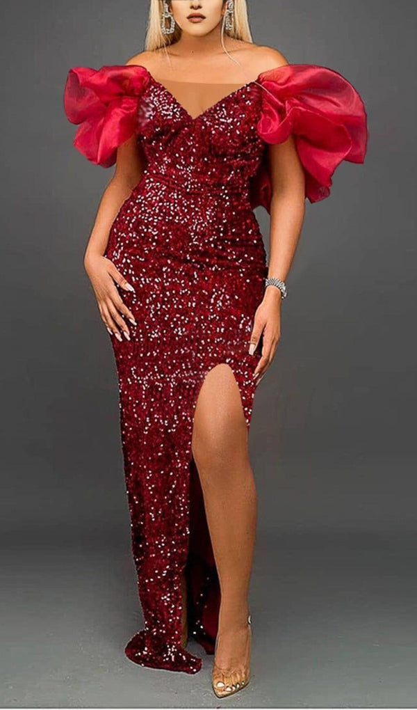 EXAGGERATED SLEEVES SLIM SEQUIN MAXI DRESS IN RED