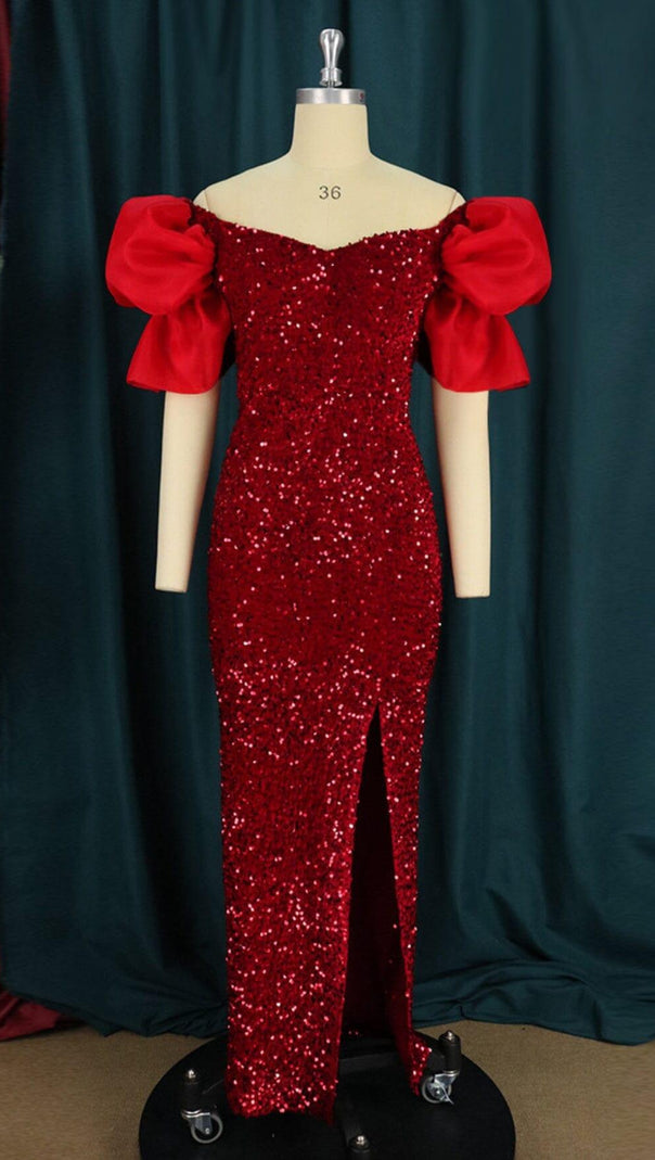 AIIZIE EXAGGERATED SLEEVES SLIM SEQUIN MAXI DRESS IN RED - product image