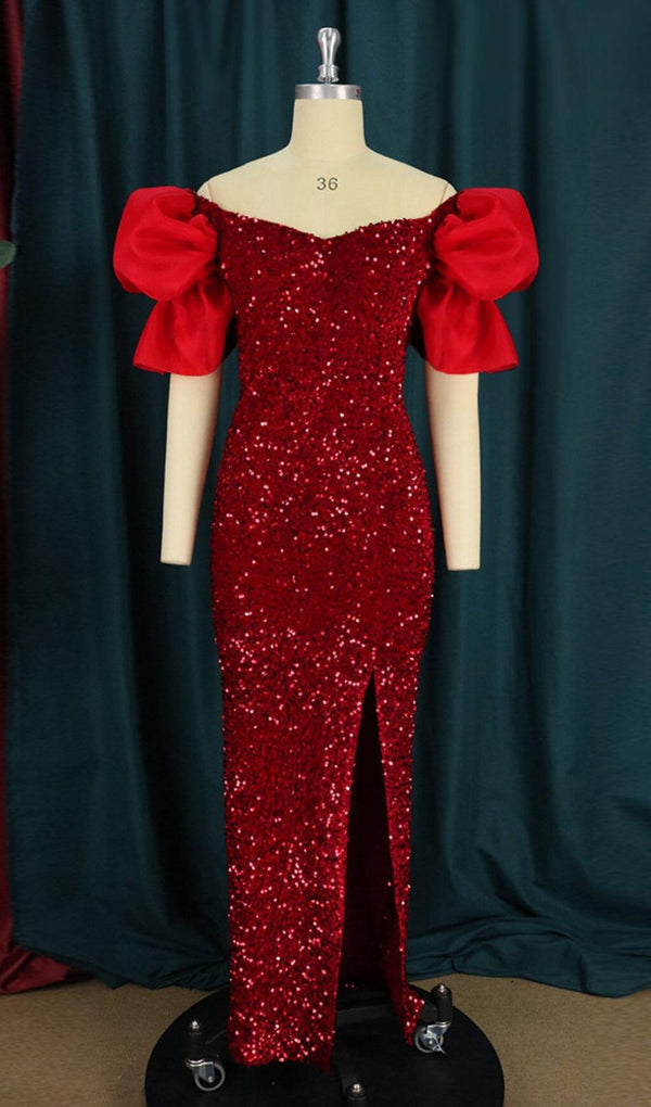 EXAGGERATED SLEEVES SLIM SEQUIN MAXI DRESS IN RED