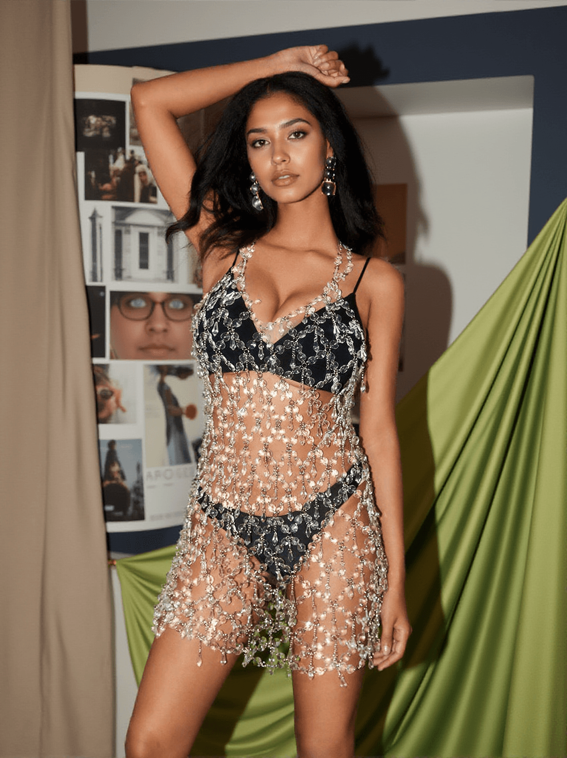 FERA RHINESTONE BACKLESS DRIP FRINGE BODY CHAIN DRESS