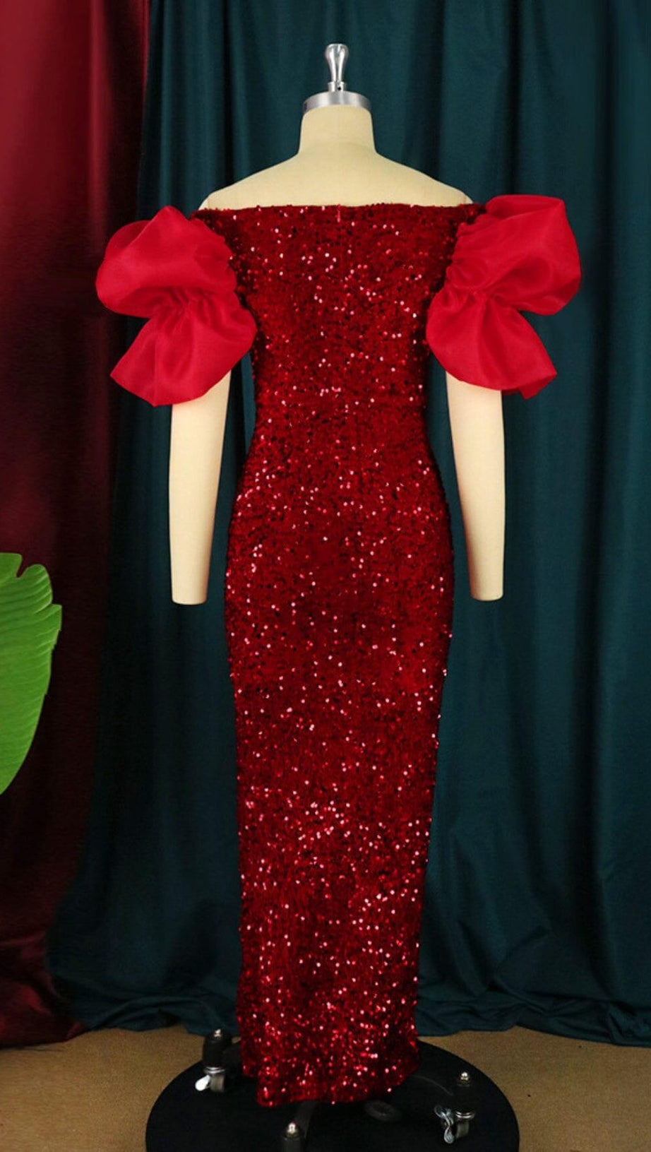 EXAGGERATED SLEEVES SLIM SEQUIN MAXI DRESS IN RED