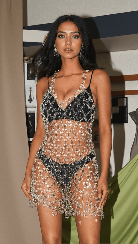 FERA RHINESTONE BACKLESS DRIP FRINGE BODY CHAIN DRESS