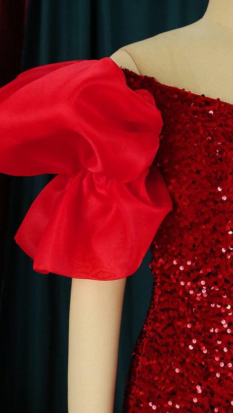 EXAGGERATED SLEEVES SLIM SEQUIN MAXI DRESS IN RED