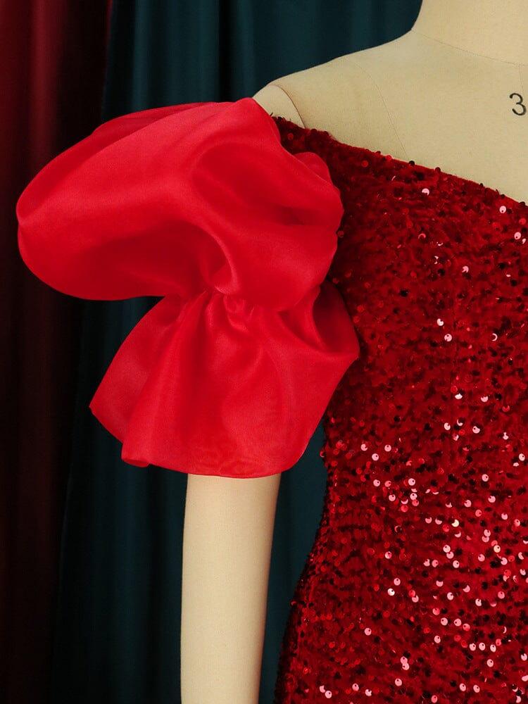 AIIZIE EXAGGERATED SLEEVES SLIM SEQUIN MAXI DRESS IN RED - product image
