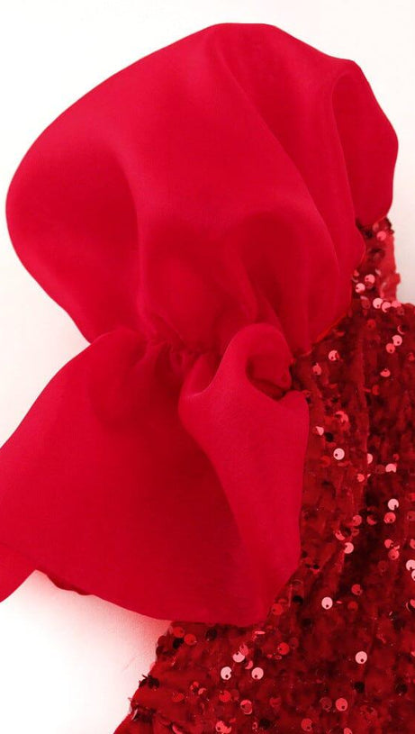 EXAGGERATED SLEEVES SLIM SEQUIN MAXI DRESS IN RED