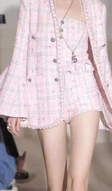 PINK WOVEN JACKET AND SUSPENDER SHORTS THREE-PIECE SET