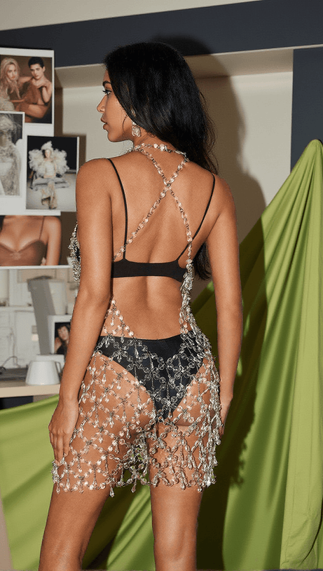FERA RHINESTONE BACKLESS DRIP FRINGE BODY CHAIN DRESS
