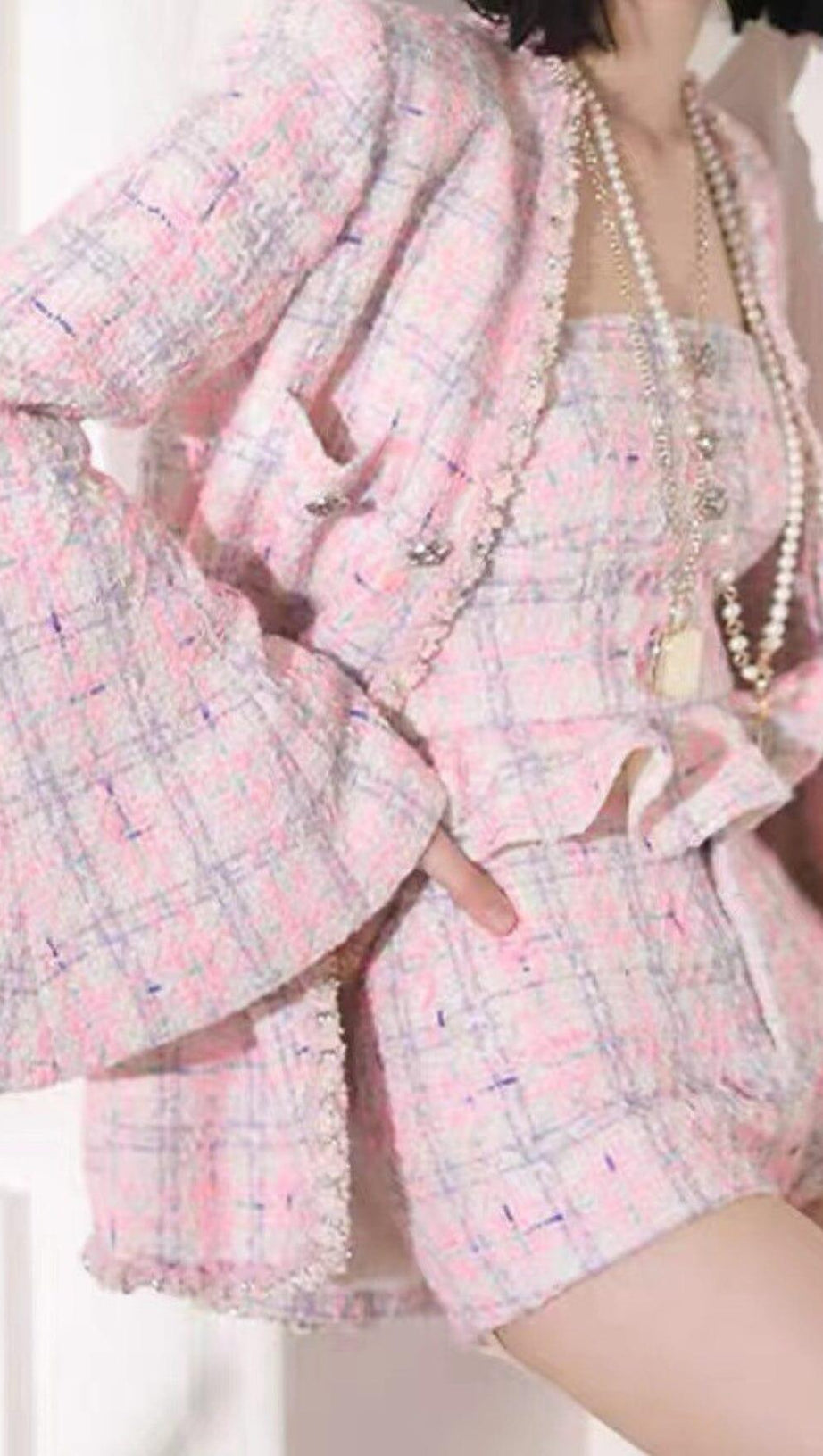 PINK WOVEN JACKET AND SUSPENDER SHORTS THREE-PIECE SET