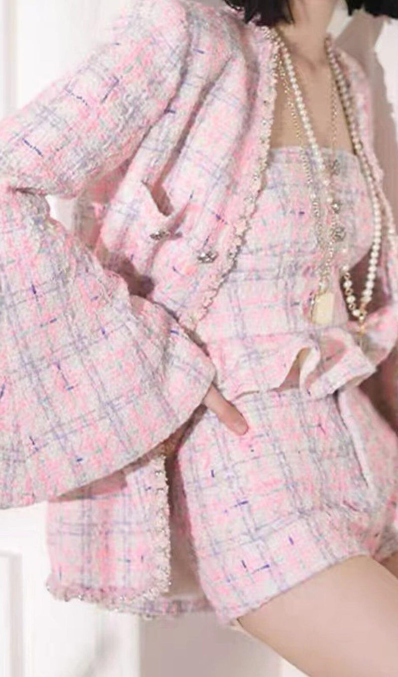 PINK WOVEN JACKET AND SUSPENDER SHORTS THREE-PIECE SET