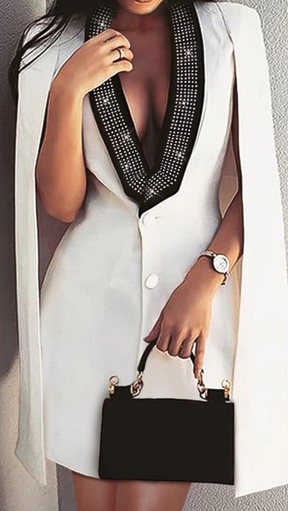 V-NECK DIAMOND DECORATIVE NECKLINE CLOAK DRESS IN WHITE