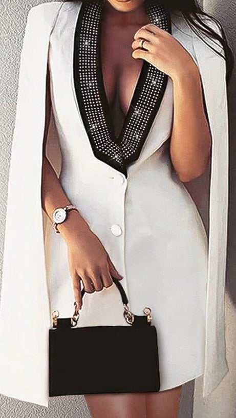 V-NECK DIAMOND DECORATIVE NECKLINE CLOAK DRESS IN WHITE
