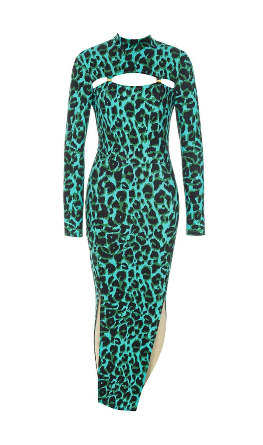 MIDIKLEID MIT LEOPARDENMUSTER UND AUSHÖHLUNG IN CAMOUFLAGE