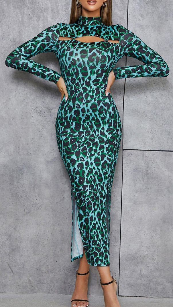 AIIZIE LEOPARD PRINT HOLLOW OUT MIDI DRESS IN CAMOUFLAGE - product image
