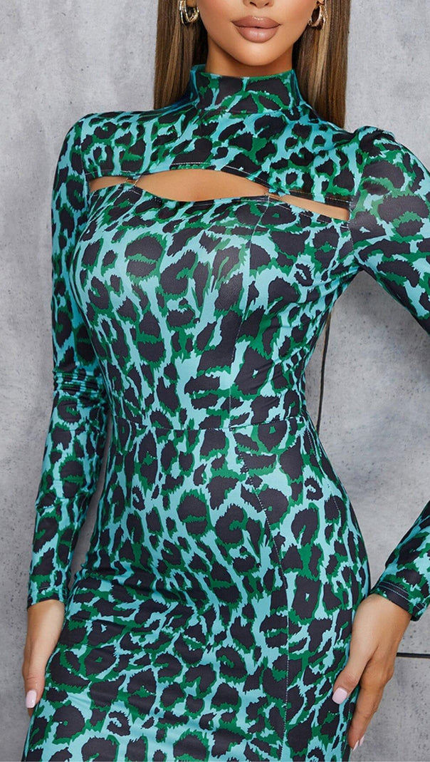 AIIZIE LEOPARD PRINT HOLLOW OUT MIDI DRESS IN CAMOUFLAGE - product image