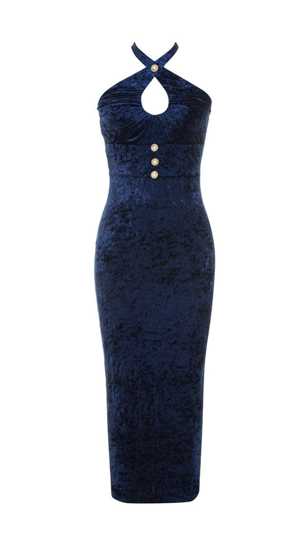 AIIZIE VELVET HALTER SEXY WAIST MIDI DRESS IN NAVY - product image
