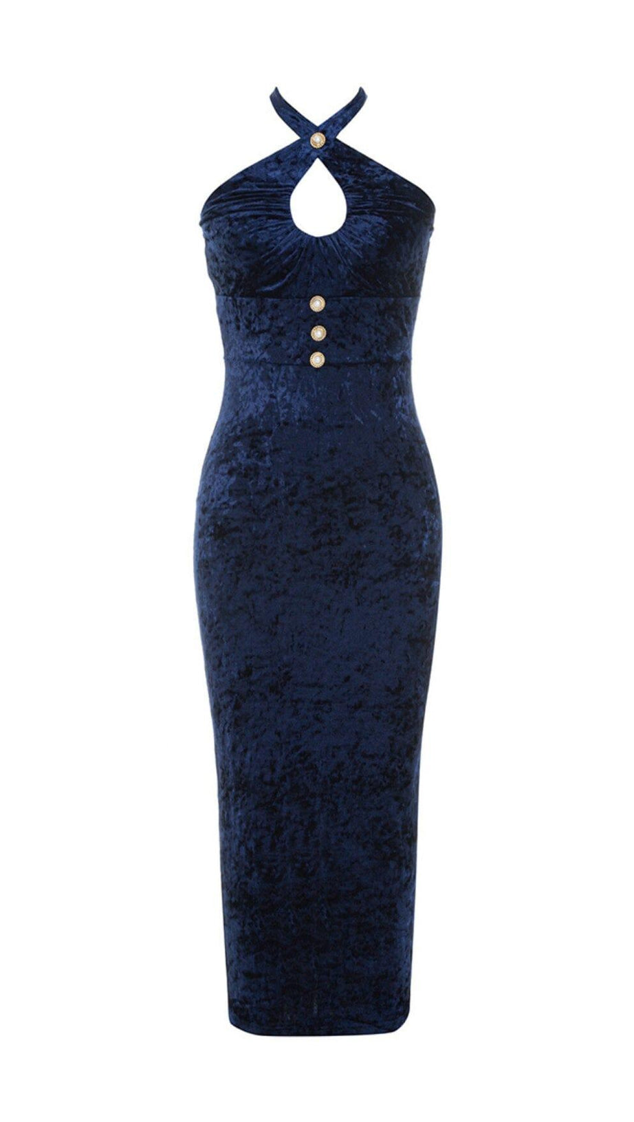 ABITO MIDI IN VELLUTO CON SCOLLO A V E VITA SEXY, COLOR BLU MARINO