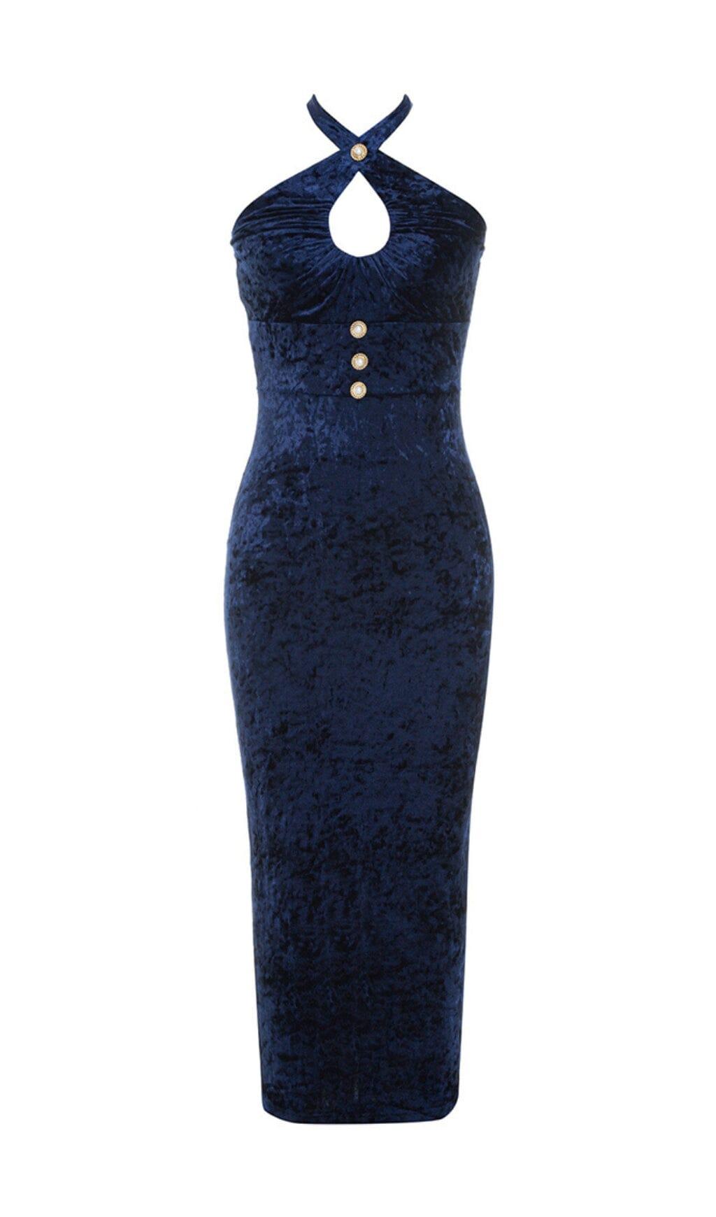 SEXY MIDIKLEID AUS SAMT MIT NECKHOLDER-TAILLE IN MARINEBLAU