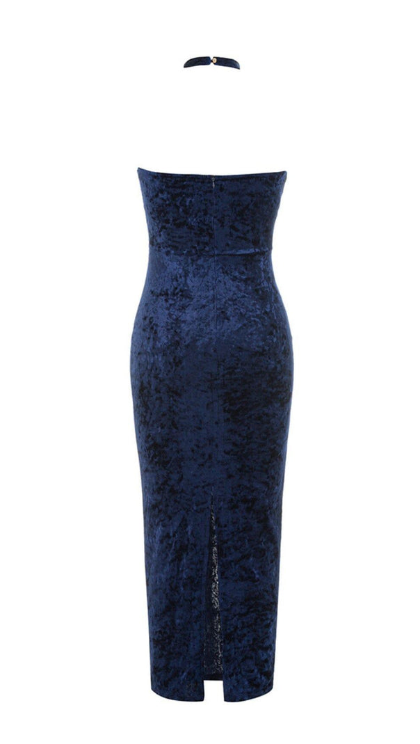 AIIZIE VELVET HALTER SEXY WAIST MIDI DRESS IN NAVY - product image