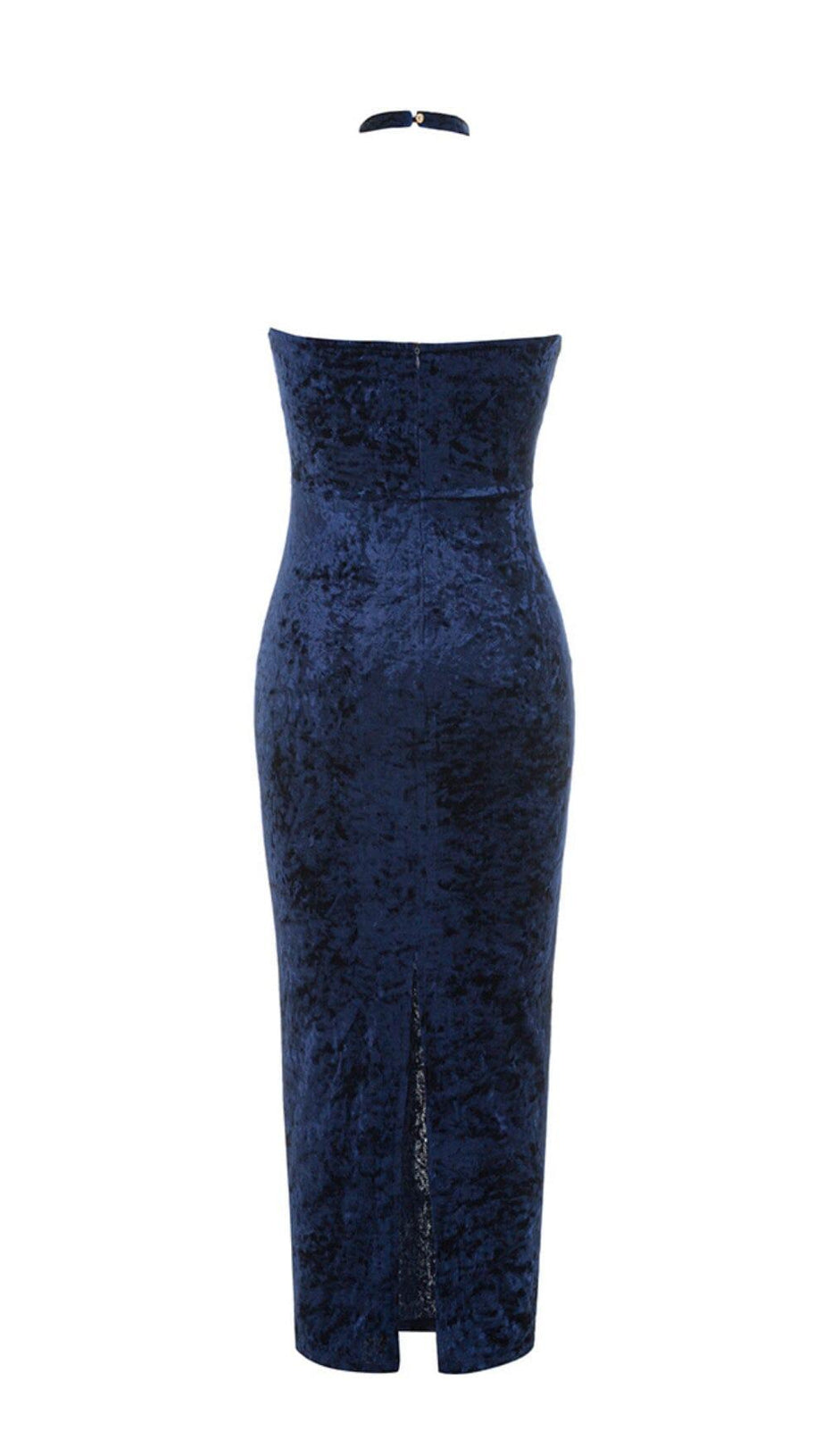 VELVET HALTER SEXY WAIST MIDI DRESS IN NAVY