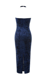 VELVET HALTER SEXY WAIST MIDI DRESS IN NAVY