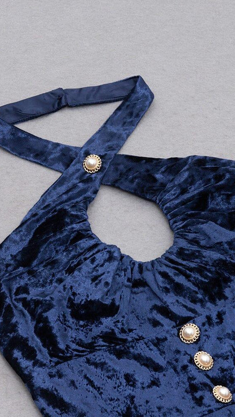 VELVET HALTER SEXY WAIST MIDI DRESS IN NAVY