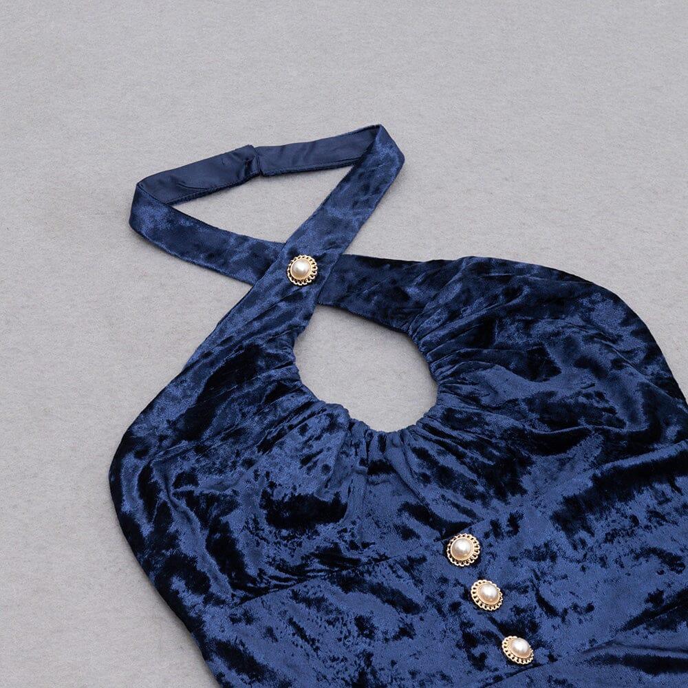AIIZIE VELVET HALTER SEXY WAIST MIDI DRESS IN NAVY - product image