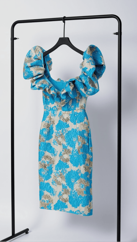 ABITO MIDI GISELLE JACQUARD CON SPALLE SCOPERTE IN BLU