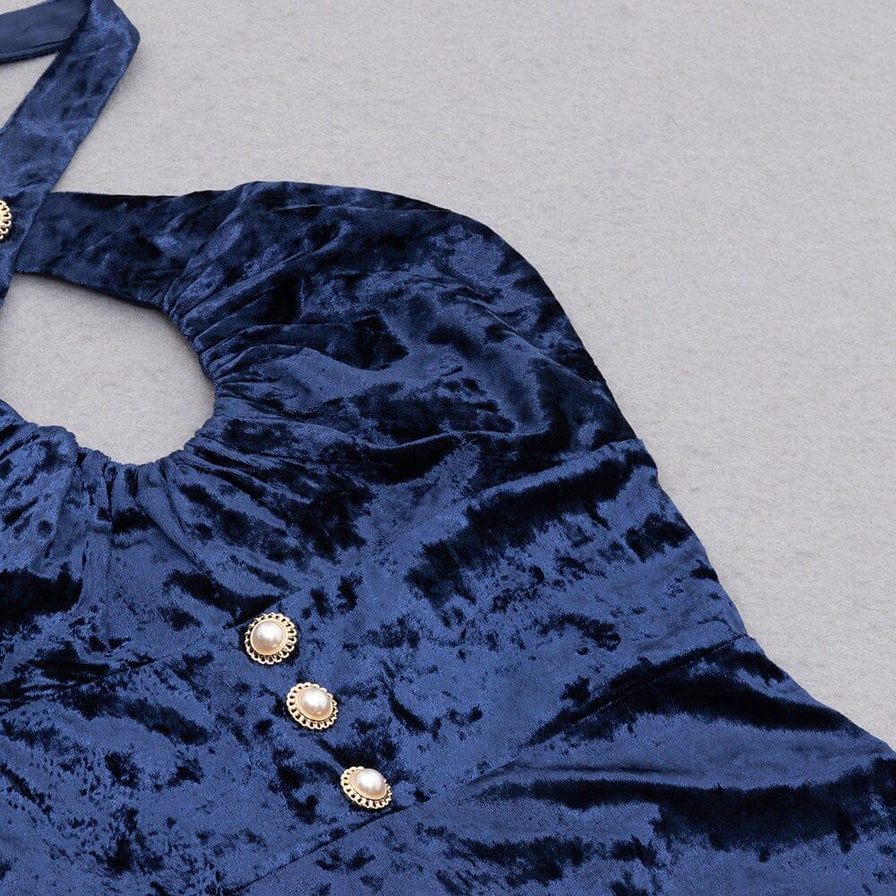 AIIZIE VELVET HALTER SEXY WAIST MIDI DRESS IN NAVY - product image