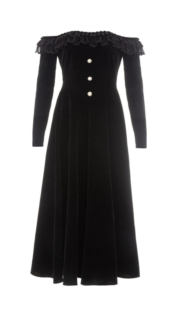 AIIZIE VELVET LACE ONE PIECE NECKLINE VINTAGE MIDI DRESS IN BLACK - product image