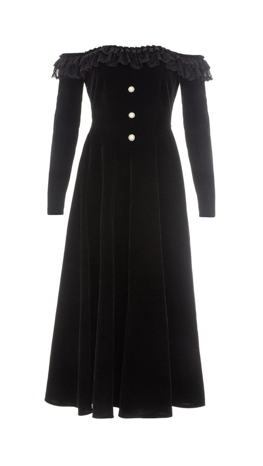 VELVET LACE ONE PIECE NECKLINE VINTAGE MIDI DRESS IN BLACK