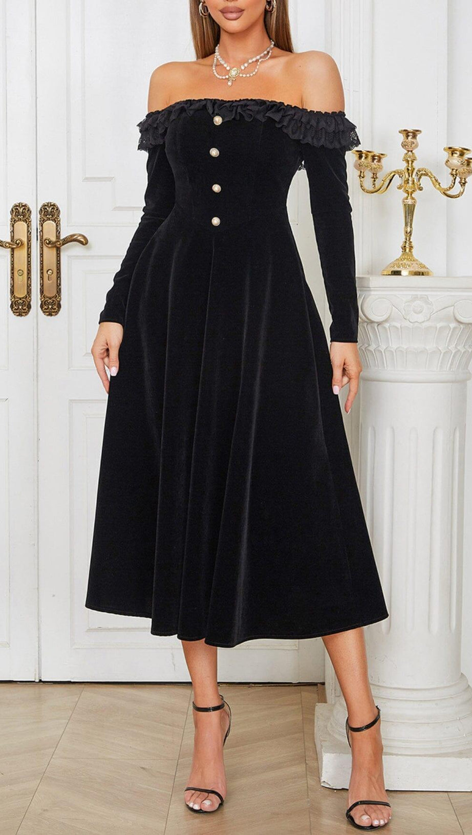 VELVET LACE ONE PIECE NECKLINE VINTAGE MIDI DRESS IN BLACK