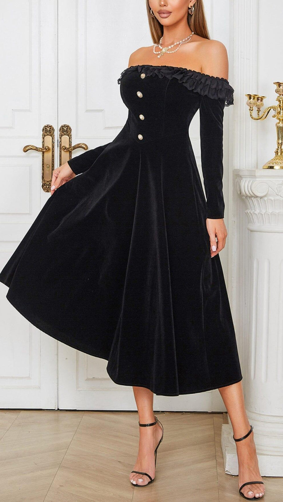 VELVET LACE ONE PIECE NECKLINE VINTAGE MIDI DRESS IN BLACK