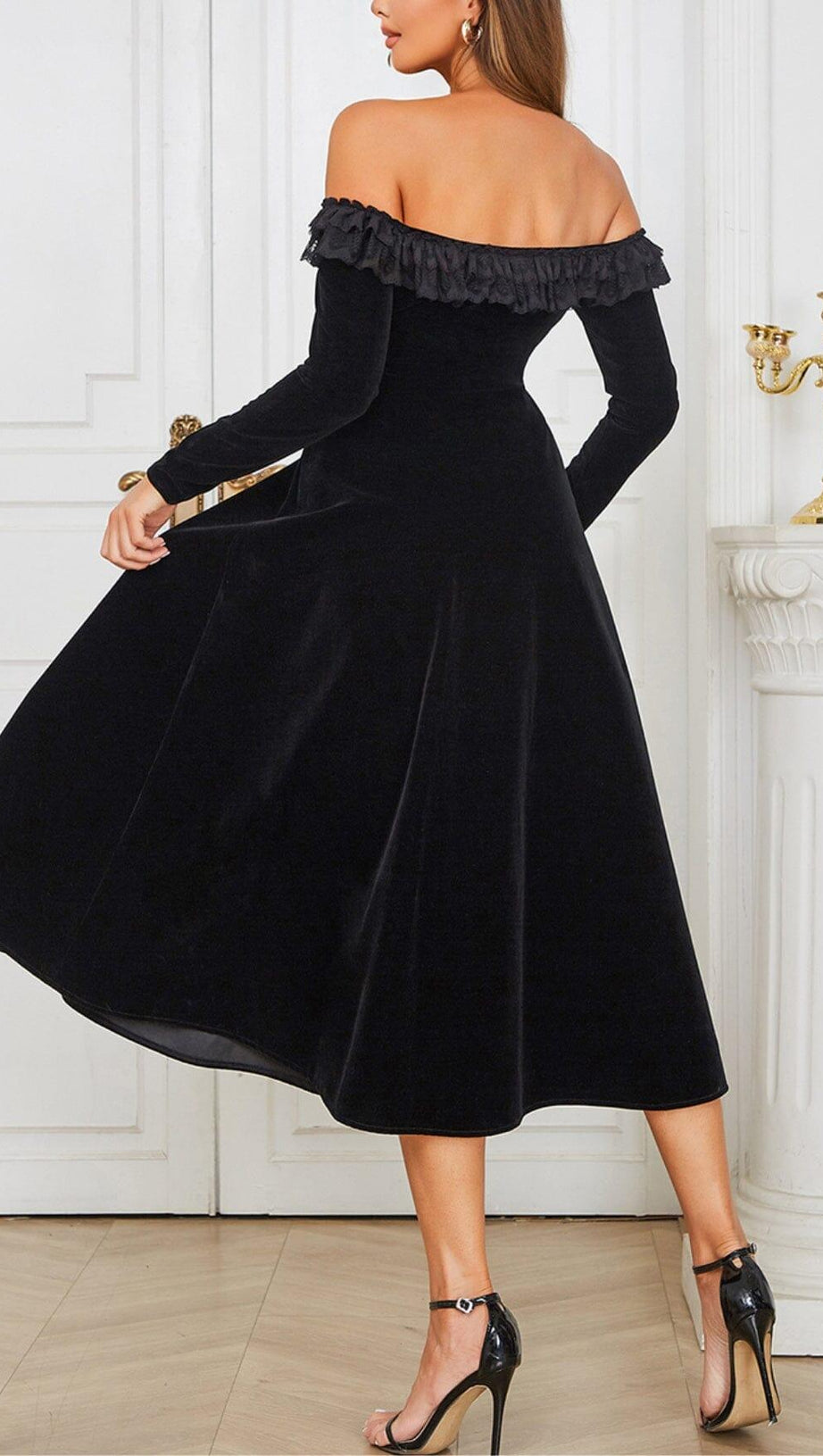 VELVET LACE ONE PIECE NECKLINE VINTAGE MIDI DRESS IN BLACK