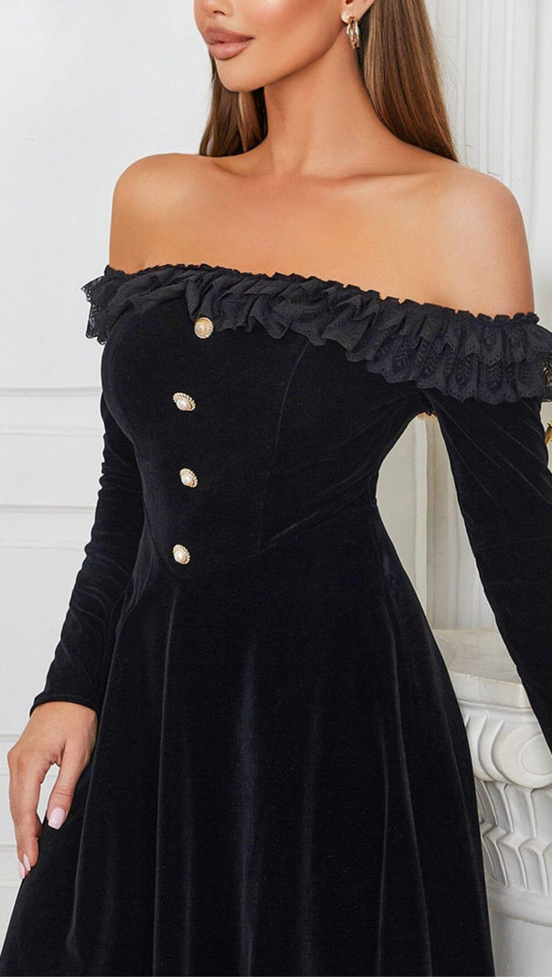 AIIZIE VELVET LACE ONE PIECE NECKLINE VINTAGE MIDI DRESS IN BLACK - product image