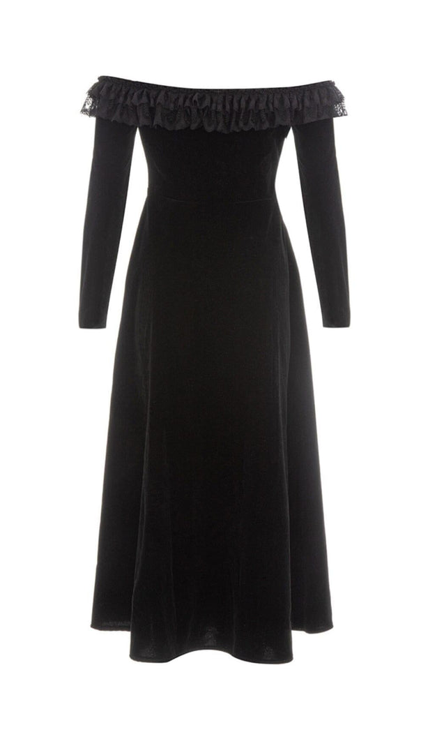 AIIZIE VELVET LACE ONE PIECE NECKLINE VINTAGE MIDI DRESS IN BLACK - product image