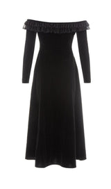 VELVET LACE ONE PIECE NECKLINE VINTAGE MIDI DRESS IN BLACK