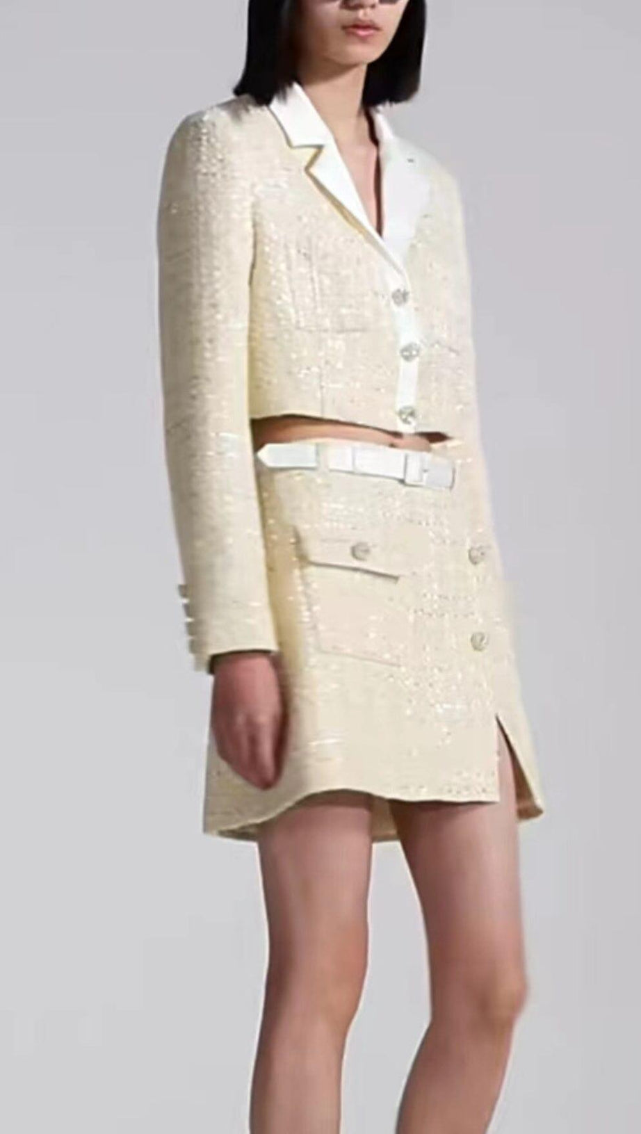 YELLOW COLOR LIGHT THIN TWEED SHORT COAT & SKIRT