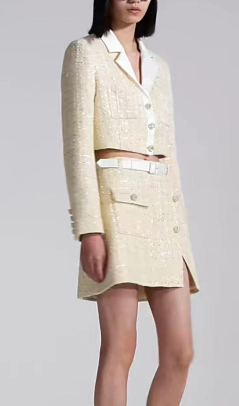 YELLOW COLOR LIGHT THIN TWEED SHORT COAT & SKIRT