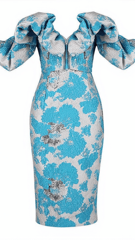 ABITO MIDI GISELLE JACQUARD CON SPALLE SCOPERTE IN BLU